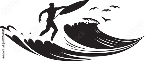 Silhouette of a surfer riding a large wave with seagulls flying overhead in a dynamic illustration