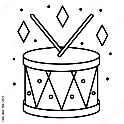 Festive Drum Outline with Drumsticks and Decorative Shapes for Celebration and Musical Creativity