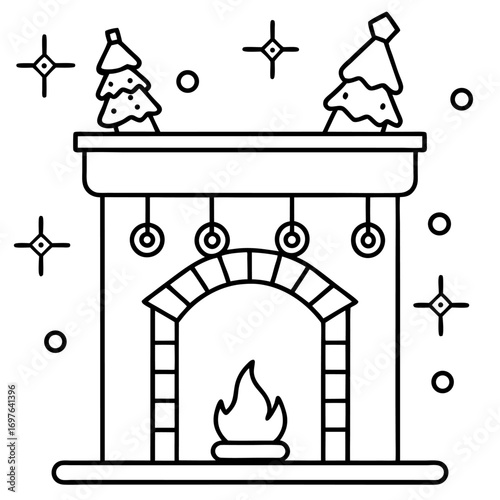 Festive Christmas Fireplace Line Art with Christmas Trees and Decorations simple and elegant illustration for holiday season