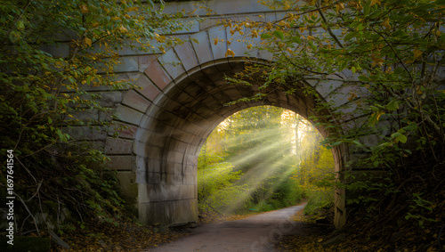 Autumnal Stone Archway Wallpaper: Serene Path, Sunbeams, Cute Nature Scene