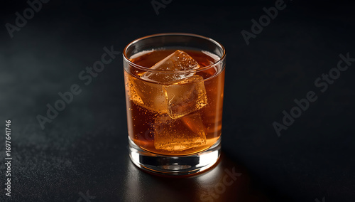 Professional photo of a basic alcohol cocktail in a glass for 3D game design, without ice, captured with shallow depth of field and high-contrast warm lighting. The cocktail is placed centrally  