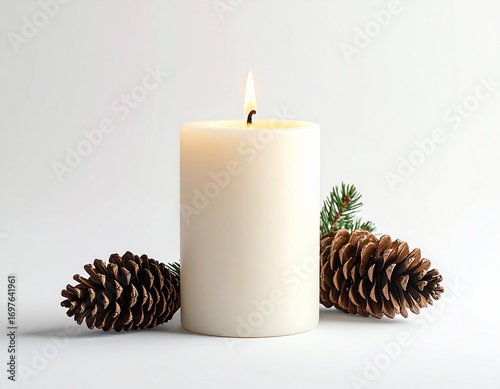 Christmas Candle with Pine Cones – Minimal Holiday Decoration on White Background