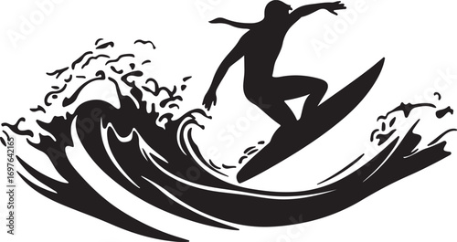 Silhouette of a surfer riding a large wave with spray and foam against a white background