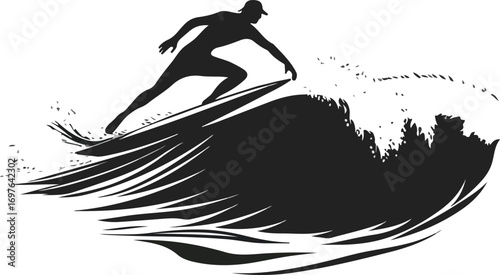 Silhouette of a surfer riding a powerful wave with dynamic brushstroke style and artistic flair