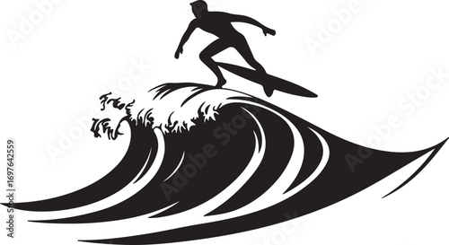 Silhouette of a surfer riding a powerful wave against a stark white background