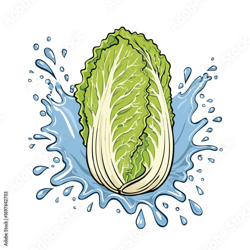 Napa Cabbage splash Colorful Vector in Adorable Comic Style with Expressive Lines.