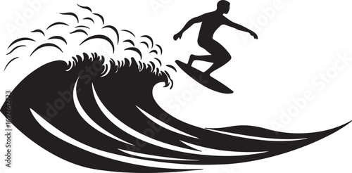 Silhouette of a surfer riding a large breaking wave with spray and foam against a white background
