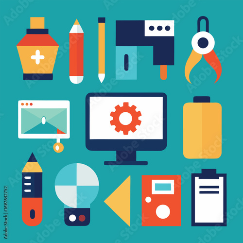 A collection of flat design icons representing various tools and equipment used for creative work and technology including a computer monitor with a gear graphic and a sewing machine