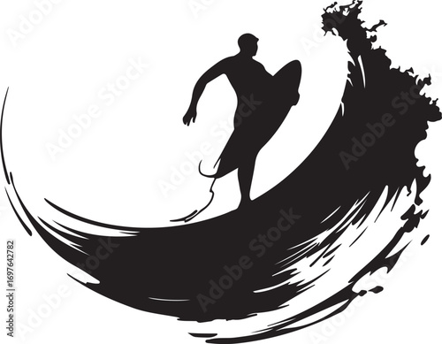 Silhouette of a surfer riding a stylized black ink wave against a white background