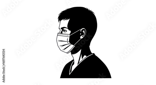Monochrome depiction of a man donned in protective face mask safeguarding health
