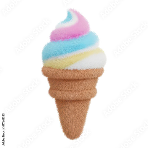 Colorful fluffy ice cream cone isolated on transparent background looks delicious