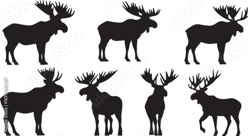 Collection of seven distinct black silhouettes of majestic moose in various poses and stances