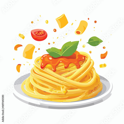 Spaghetti with Sauce Splash creative isometric illustration with layered dimension and depth cues.