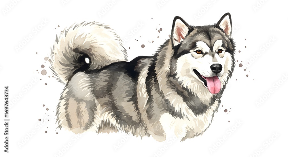 Obraz premium Joyful Alaskan Malamute dog portrait, happy and energetic, perfect for pet lovers and dog businesses.