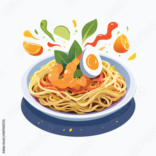 Pad Thai with Sauce Splash creative isometric illustration with layered dimension and depth cues.
