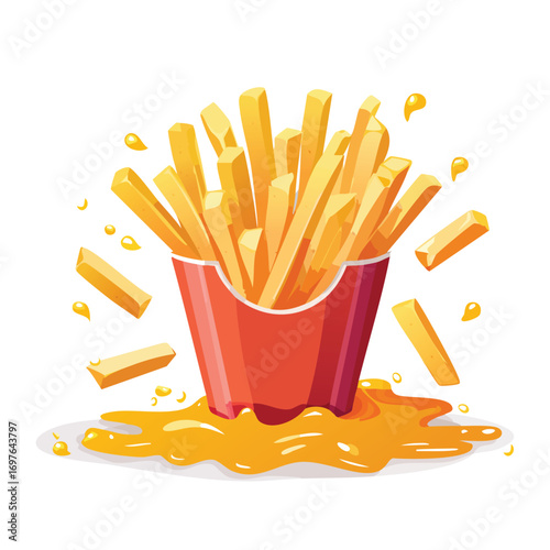 French Fries with Sauce Splash creative isometric illustration with layered dimension and depth cues.