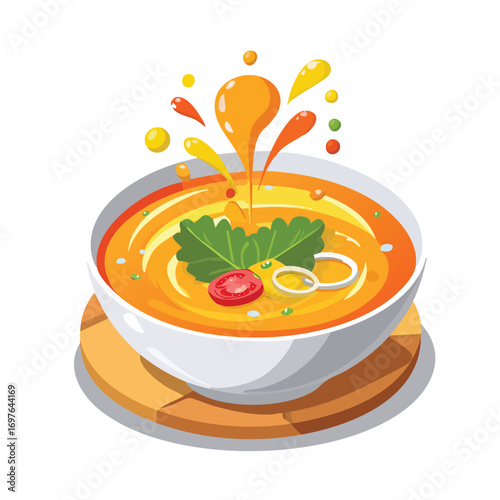 Vegetable Soup with Sauce Splash creative isometric illustration with layered dimension and depth cues.