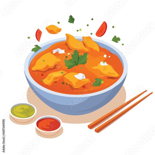 Chicken Tikka Masala with Sauce Splash creative isometric illustration with layered dimension and depth cues.