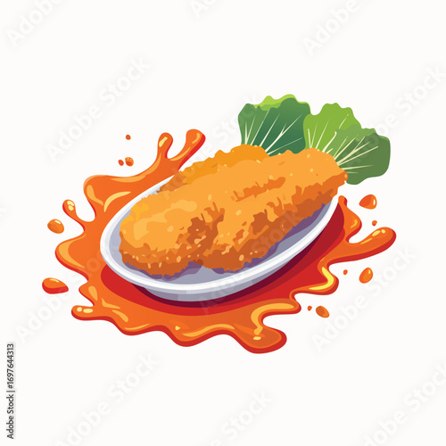 Chicken Katsu with Sauce Splash creative isometric illustration with layered dimension and depth cues.