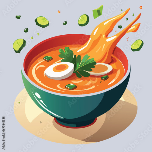 Miso Soup with Sauce Splash creative isometric illustration with layered dimension and depth cues.
