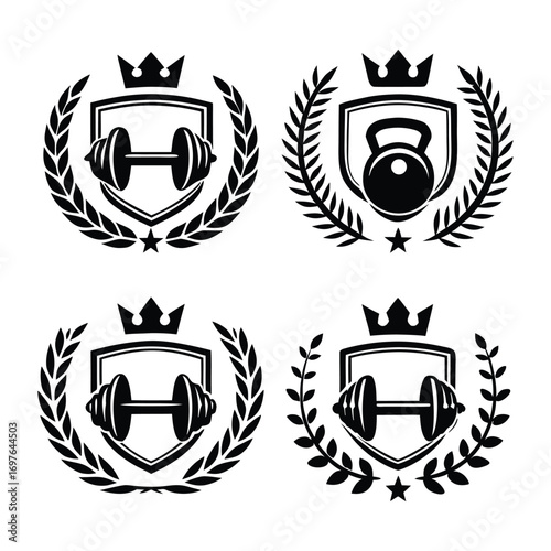 Set of four vintage gym emblems featuring dumbbells and kettlebells within laurel wreaths and shields crowned with royal crowns symbolizing strength and fitness achievement
