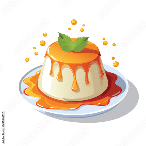 Panna Cotta with Sauce Splash creative isometric illustration with layered dimension and depth cues.