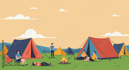 A serene flat design vector illustration depicting colorful camping tents and people relaxing, representing the multi-day experience of an outdoor music festival