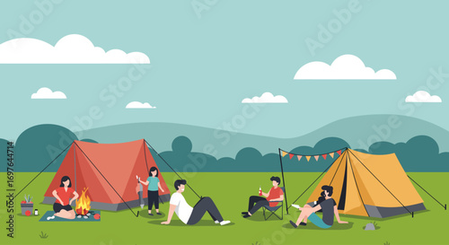 A serene flat design vector illustration depicting colorful camping tents and people relaxing, representing the multi-day experience of an outdoor music festival