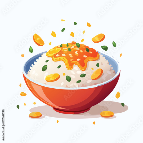 Fried Rice with Sauce Splash creative isometric illustration with layered dimension and depth cues.
