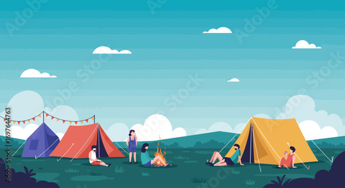 A serene flat design vector illustration depicting colorful camping tents and people relaxing, representing the multi-day experience of an outdoor music festival