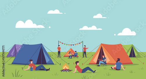 A serene flat design vector illustration depicting colorful camping tents and people relaxing, representing the multi-day experience of an outdoor music festival