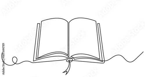 Continuous line drawing of an open book for knowledge.Line art open book with pages fanning out, wisdom, knowledge, education, literature, and creativity in a clean, library concept