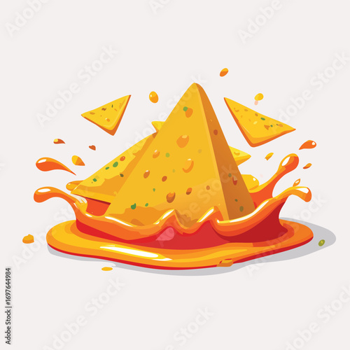 Nachos with Sauce Splash creative isometric illustration with layered dimension and depth cues.