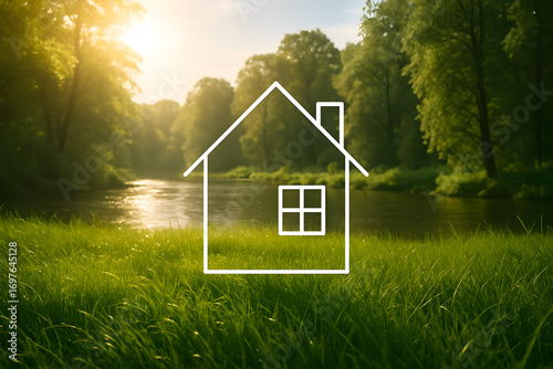 Dream home concept with simple white house outline set in tranquil nature with river and lush green grass