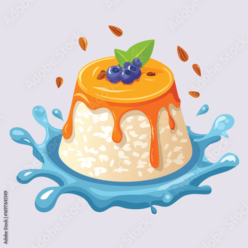 Rice Pudding with Sauce Splash creative isometric illustration with layered dimension and depth cues.