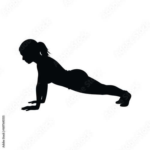 Silhouette of a woman performing pushup exercise on a white background, woman in plank position silhouette vector illustration