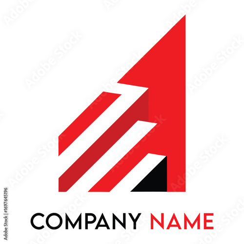 Abstract geometric red and white upward arrow symbol representing growth progress success and forward movement with a placeholder for company name on a white background