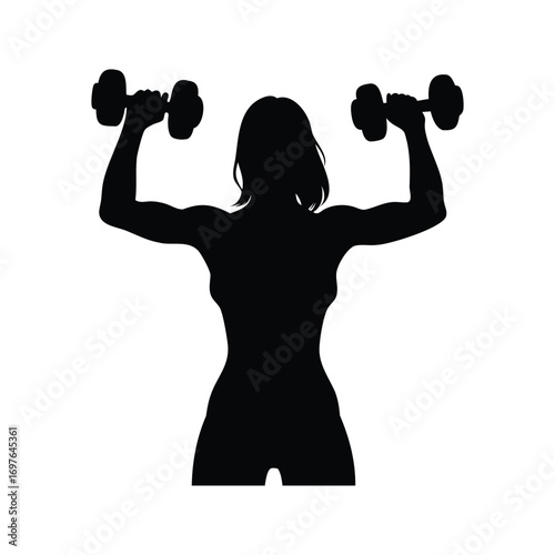 Silhouette of a muscular woman lifting weights, fitness training silhouette style, woman lifting dumbbells silhouette vector illustration