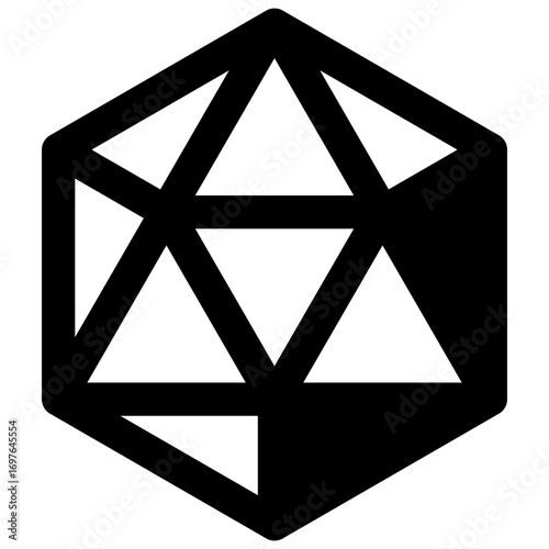 Polyhedral dice. Outlined stroke vector icon with black-filled details.