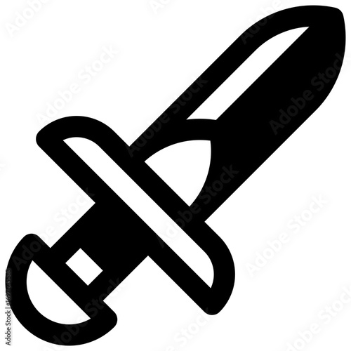 Sword. Outlined stroke vector icon with black-filled details.