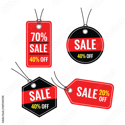 red sale tags, four sale tags with different shapes and discounts on transparent background