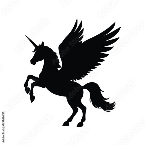 Black Silhouette of a Majestic Winged Unicorn Prancing on a White Background, unicorn with wings silhouette vector illustration