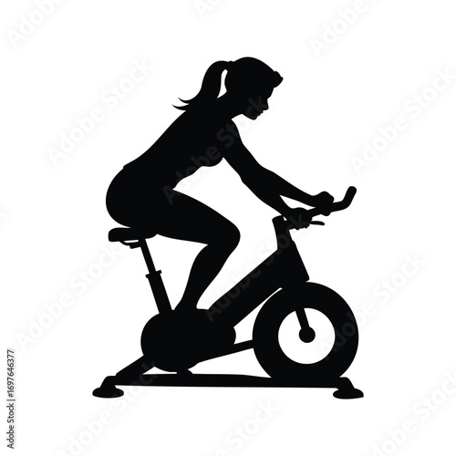 Silhouette of woman doing cardio workout on stationary exercise bicycle equipment, woman cycling on stationary bike silhouette vector illustration