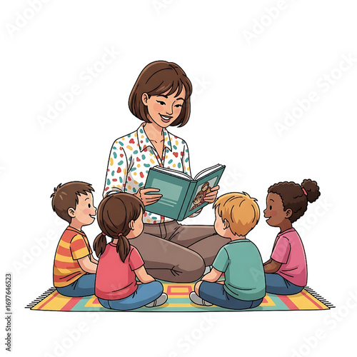 A cheerful kindergarten teacher reading a colorful storybook to a group of kids with happy expressions. Isolated on a white background.
