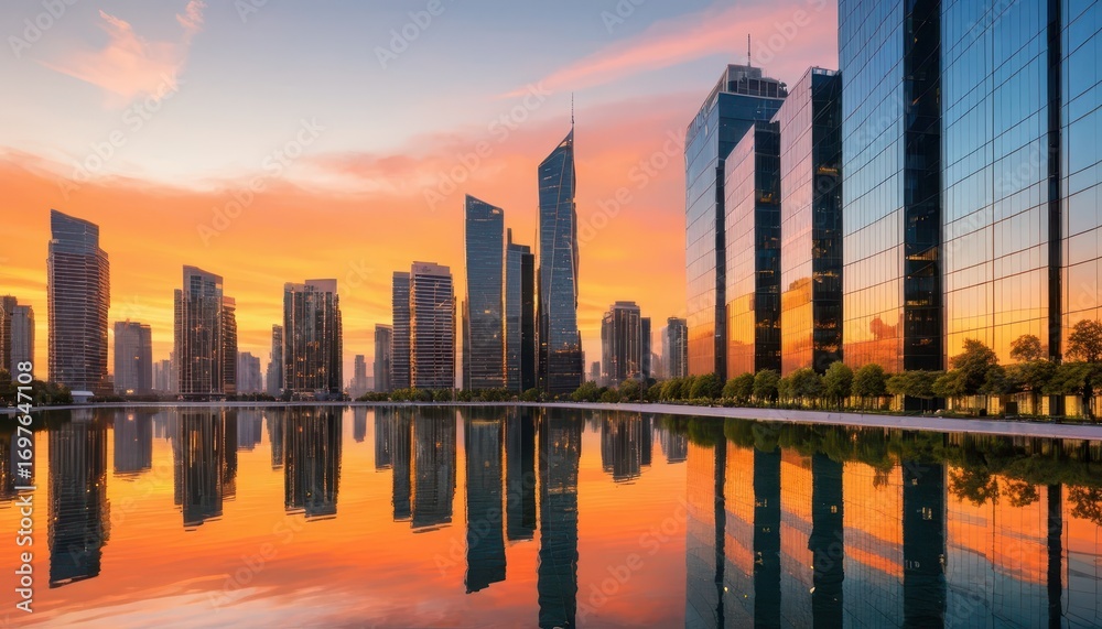 Fototapeta premium Modern city skyline with tall glass buildings reflecting in water du vibrant sunset with colorful sky and urban landscape in the background