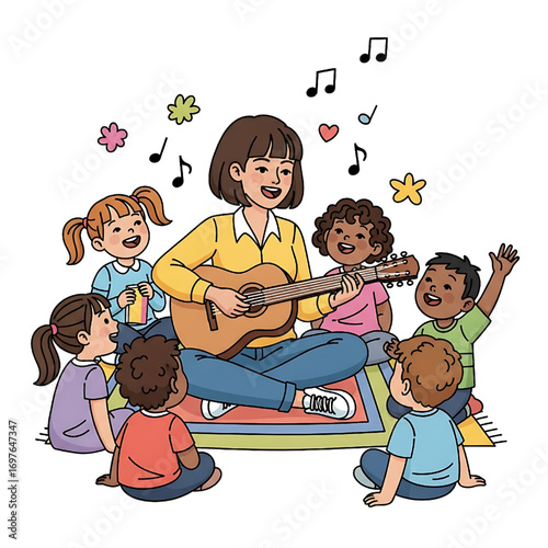 A female kindergarten teacher playing a small guitar while teaching children to sing joyfully. Isolated on a white background.