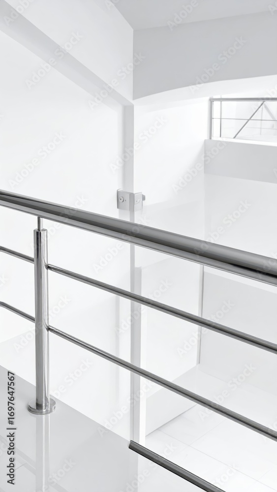 Fototapeta premium Modern Minimalist Interior with Stainless Steel Handrail and White Walls