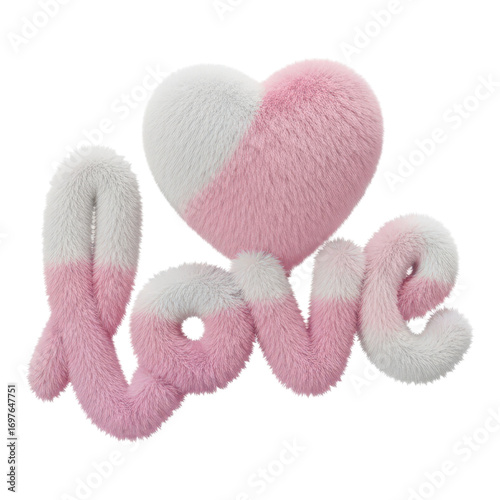 Fluffy love text with heart isolated on transparent background for valentines day