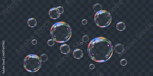 Realistic colorful soap bubbles on transparent background