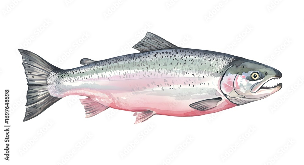 Naklejka premium Vibrant watercolor rainbow trout leaps with dynamic energy, perfect for fishing and nature projects.